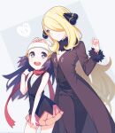  2girls age_difference blonde_hair blue_eyes blush breasts cleavage closed_mouth coat commentary_request cynthia_(pokemon) dawn_(pokemon) eyelashes fur_trim grey_eyes hair_ornament hair_over_one_eye happy hat height_difference kurochiroko long_hair long_sleeves looking_down multiple_girls open_mouth pokemon pokemon_(game) pokemon_dppt purple_hair red_scarf scarf smile teeth tongue upper_teeth yuri 