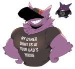  anthro black_clothing black_shirt black_topwear clothing english_text facial_hair fur gengar grin hat_over_eyes hi_res kokuhane kokuhane_(character) male muscular muscular_anthro muscular_male nintendo pok&eacute;mon pok&eacute;mon_(species) purple_body purple_fur shirt simple_background smile solo teeth text text_on_clothing text_on_shirt text_on_topwear topwear video_games white_background 