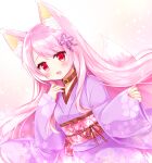  1girl :d animal_ear_fluff animal_ears bangs brown_collar collar commentary_request commission eyebrows_visible_through_hair floral_print fox_ears fox_girl fox_tail gradient gradient_background hand_up japanese_clothes kimono long_hair long_sleeves obi original parted_bangs pink_background pink_hair print_kimono purple_kimono red_eyes sash shikito skeb_commission sleeves_past_wrists smile solo tail very_long_hair white_background wide_sleeves 