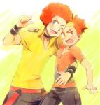  2boys ;d afro arm_around_neck black_choker blush brothers buck_(pokemon) choker collared_shirt commentary_request flint_(pokemon) grey_eyes kurochiroko male_focus multiple_boys one_eye_closed open_mouth orange_eyes orange_hair orange_shirt pants pokemon pokemon_(game) pokemon_dppt red_hair shirt short_hair short_ponytail short_sleeves siblings smile sweatdrop tongue upper_body v-neck yellow_shirt 