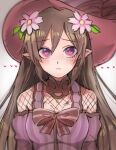  1girl alternate_hairstyle aya_taka31 bangs bow breasts closed_mouth demon_girl fishnet_fabric flower hair_down hair_flower hair_ornament heart heart-shaped_pupils long_hair looking_at_viewer ludmila_(rune_factory) medium_breasts pointy_ears rune_factory rune_factory_5 symbol-shaped_pupils 