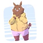 1:1 2013 alpha_channel anthro biped blush bottomwear brown_body brown_fur clothing fur hi_res hoodie kernelewdies male mammal shorts simple_background slightly_chubby solo suid suina sus_(pig) topwear transparent_background wild_boar 