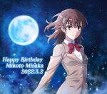  1girl blazer bow bowtie brown_eyes brown_hair cameron_(pawoo) character_name closed_mouth commentary_request dated full_moon hair_ornament happy_birthday highres jacket long_sleeves looking_at_viewer misaka_mikoto moon night night_sky red_bow red_bowtie school_uniform shirt short_hair sky smile solo star_(sky) starry_sky toaru_kagaku_no_railgun toaru_majutsu_no_index tokiwadai_school_uniform upper_body white_shirt 