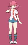  1girl bangs breasts buttons closed_mouth commentary_request eyelashes hair_ornament hairclip hand_up jacket kurochiroko long_hair pink_eyes pink_hair pokemon pokemon_(game) pokemon_hgss shoes short_shorts short_sleeves shorts smile socks solo twintails white_jacket whitney_(pokemon) 