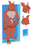  absurd_res anthro balls bandai_namco claws digimon digimon_(species) dinosaur erection genitals guilmon headshot_portrait hi_res humanoid_genitalia labrastroodle male markings model_sheet muscular muscular_anthro muscular_male open_mouth penis portrait red_body red_skin reptile scalie showing_teeth simple_background solo solo_focus teeth tongue tongue_out 