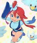  1girl :d arm_up blue_eyes blue_footwear blue_gloves blue_jacket blue_shorts blurry blush boots commentary_request cropped_jacket ducklett eyelashes gloves hair_ornament jacket kurochiroko leg_up looking_at_viewer one_side_up open_mouth pokemon pokemon_(creature) pokemon_(game) pokemon_bw red_hair short_hair_with_long_locks short_shorts shorts sidelocks skyla_(pokemon) smile teeth thigh_pouch tongue turtleneck 