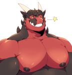  anthro big_muscles big_pecs black_nipples chiderg clothed clothing dark_body dragon headshot_portrait hi_res horn kokuhane male multicolored_body muscular muscular_anthro muscular_male nipples one_eye_closed pecs portrait red_body simple_background smile solo teeth topless two_tone_body white_background wink 