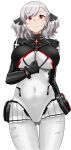  1girl aizawa_u-ji breasts cosplay frown girls&#039;_frontline grey_hair highres hk416_(midnight_evangelion)_(girls&#039;_frontline) hk416_(midnight_evangelion)_(girls&#039;_frontline)_(cosplay) large_breasts medium_hair navel plugsuit red_eyes skin_tight solo spas-12_(girls&#039;_frontline) sweatdrop twintails 