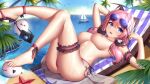  1girl :d animal_ears arms_up ass bare_shoulders barefoot bikini bikini_bottom_only blue_eyes breasts chair eyewear_on_head fake_animal_ears fang feet highres indie_virtual_youtuber large_breasts leg_garter legs_up long_hair looking_at_viewer lounge_chair nipples open_mouth pink_bikini pink_hair sakurada_hane side-tie_bikini smile solo stomach strapless strapless_bikini sunglasses swimsuit thighs underboob virtual_youtuber wet wsman 