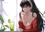  1girl bangs bare_shoulders black_hair breasts chinese_commentary cleavage closed_mouth collarbone commentary_request cup drinking_glass drinking_straw earrings elbow_rest english_text expressionless food from_side fruit gold_earrings hair_between_eyes hair_down hairband head_rest highres ice ice_cube jewelry large_breasts leaf lime_(fruit) lime_slice long_hair looking_ahead mixed-language_commentary mumu_mago off-shoulder_sweater off_shoulder parted_lips partial_commentary red_eyes revision sitting solo spy_x_family sweater table twitter_username upper_body white_hairband yor_briar 