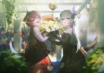  2girls :d balloon bangs black_dress black_gloves blue_eyes blue_hair bouquet dress elbow_gloves flower gloves highres holding holding_bouquet honkai_(series) honkai_impact_3rd horns liliya_olenyeva long_hair looking_at_viewer multiple_girls oekaki_taro open_mouth pink_hair rozaliya_olenyeva siblings single_horn sleeveless sleeveless_dress smile tail twins white_flower white_gloves 