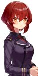  1girl 86_-eightysix- absurdres bangs black_shirt buttons closed_mouth eyebrows_visible_through_hair hair_between_eyes highres kurena_kukumila looking_at_viewer military military_uniform necktie red_hair red_necktie scarlet23i0 shirt short_hair simple_background uniform white_background yellow_eyes 