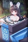  1girl animal_ears bangs bathing bird black_hair blue_archive blunt_bangs blush fake_animal_ears highres ine_(ineinnen) long_hair miyu_(blue_archive) outdoors paid_reward_available partially_submerged rabbit_ears recycle_bin red_eyes soap_bubbles solo water 