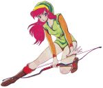  1980s_(style) 1girl absurdres artist_request bare_legs belt blue_eyes boots bow_(weapon) breasts brown_footwear cleavage english_commentary full_body genderswap genderswap_(mtf) green_headwear green_tunic hat highres holding holding_bow_(weapon) holding_weapon knee_boots link link_(shounen_captain) long_hair long_sleeves nintendo official_art one_knee orange_sleeves pink_hair pointy_ears retro_artstyle scan shounen_captain small_breasts solo the_legend_of_zelda the_legend_of_zelda_(nes) third-party_edit third-party_watermark weapon 