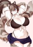  2022 absurd_res akamu_ver20 anthro big_breasts blue_eyes blush bottomwear breasts brown_body brown_fur brown_hair claws clothed clothing felid female fur grey_body grey_fur grey_hair hair hands_behind_head hi_res inner_ear_fluff kemono long_hair looking_at_viewer mammal markings multicolored_body multicolored_fur multicolored_hair multicolored_tail one_eye_closed pantherine ponytail portrait school_uniform skirt snow_leopard solo three-quarter_portrait tongue tuft uniform white_body white_fur wink 