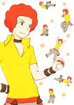  1boy afro arm_behind_back black_choker choker closed_mouth collarbone collared_shirt commentary_request flint_(pokemon) grey_eyes holding holding_poke_ball kurochiroko male_focus multiple_views poke_ball poke_ball_(basic) pokemon pokemon_(game) pokemon_dppt red_hair shirt smile white_background yellow_shirt 