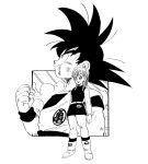  1boy 1girl ankle_boots bare_arms belt black_dress black_eyes black_hair black_legwear black_wristband boots bracelet breasts bulma clenched_hand closed_mouth clothes_writing cloud cloudy_sky collarbone cropped_torso dirty dirty_face dougi dragon_ball dragon_ball_(classic) dress earrings fenyon fingernails full_body hair_between_eyes hair_strand hand_up highres jewelry looking_afar looking_up medium_breasts medium_hair messy_hair monochrome obi parted_lips profile sash scratches simple_background sky sleeveless sleeveless_dress smile socks son_goku spiked_hair standing straight_hair tareme upper_body white_background wristband 