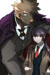  1boy 1girl animal_ears bangs black_hair collared_shirt commentary_request formal furry furry_male goat_boy goat_ears goat_horns highres horns kuromaih long_hair long_sleeves looking_at_viewer master_2_(housamo) mephistopheles_(housamo) necktie shirt suit tokyo_afterschool_summoners upper_body white_shirt 