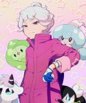  1boy ahoge bangs bede_(pokemon) closed_mouth coat coat_tug commentary_request curly_hair duosion dynamax_band galarian_ponyta gloves gothorita grey_hair hattrem holding kurochiroko looking_at_viewer male_focus pokemon pokemon_(creature) pokemon_(game) pokemon_swsh purple_coat purple_eyes short_hair sleeves_rolled_up star_(symbol) 