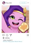  2022 absurd_res bread breakfast english_text equid equine feral food green_eyes hair hasbro hashtag hi_res holding_food holding_object honey_(food) honey_toast instagram looking_at_viewer mammal marenlicious mlp_g5 my_little_pony my_little_pony:_tell_your_tale open_mouth open_smile pink_body pipp_petals_(mlp) purple_hair selfie smile solo text 