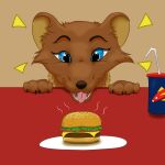  1:1 2020 ambiguous_form ambiguous_gender blue_eyes burger food fur gulonine mammal marten mustelid musteline open_mouth pine_marten plate simple_background smile solo tongue tysuga 
