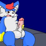  anthro balls bed big_balls big_penis canid canine erection fox fur furniture genitals hair hi_res lyncario male mammal masturbation nude open_mouth penis simple_background solo thick_thighs tunfox_(lyncario) 