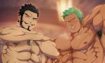 2boys abs armpit_hair armpits bara beard black_hair blurry blurry_background cropped crossed_arms dracule_mihawk earrings facial_hair green_hair highres jewelry kurazon_(climb_zombie) large_pectorals long_sideburns looking_at_viewer male_focus multiple_boys muscular muscular_male nipples one_piece pectorals roronoa_zoro scar scar_across_eye scar_on_chest scar_on_face short_hair sideburns 