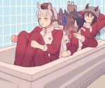  4girls animal_ears arms_behind_head bathtub beanie black_hair brown_hair commentary_request cool_runnings ears_through_headwear eishin_flash_(umamusume) faceless faceless_female gold_ship_(umamusume) grey_hair grey_headwear hat high_collar highres horse_ears indoors jacket knees_up long_hair long_sleeves multiple_girls nakayama_festa_(umamusume) open_mouth pants red_jacket red_pants riccovich scene_reference sitting smile tosen_jordan_(umamusume) track_jacket twintails umamusume 