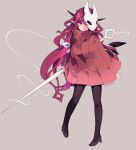  1girl absurdres bangs cloak highres holding holding_weapon hollow_knight hololive hololive_english hornet_(hollow_knight) horns irys_(hololive) long_hair mask namii_(namialus_m) needle_(hollow_knight) pointy_ears purple_eyes purple_hair red_cloak simple_background standing thread virtual_youtuber weapon 