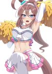  animal_ears armpits blue_eyes blush breasts brown_hair cheerleader commentary_request detached_sleeves highres horse_ears horse_girl horse_tail large_breasts leg_up looking_at_viewer midriff mihono_bourbon_(umamusume) nanao_(naoekaki25) navel pom_pom_(cheerleading) ponytail simple_background tail thighhighs umamusume white_background 