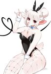  &lt;3 anthro biped bovid bunny_costume caprine clothing costume crossed_legs female fredek666 goat goat_lucifer_(helltaker) hair hair_bun helltaker hi_res horn looking_at_viewer mammal red_eyes simple_background solo tongue tongue_out white_background white_body 
