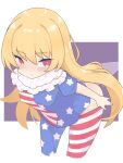  1girl american_flag_pants american_flag_shirt arm_up bangs blonde_hair blush border breasts burumanoeat clownpiece commentary_request eyebrows_visible_through_hair eyelashes fairy_wings hair_between_eyes hand_up highres long_hair looking_back neck_ruff nipples no_hat no_headwear open_mouth outside_border pants pink_eyes purple_background shirt short_hair simple_background small_breasts solo standing star_(symbol) star_print striped striped_pants striped_shirt touhou v-shaped_eyebrows white_border wings 