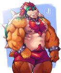  2022 abs absurd_res anthro barazoku biceps big_muscles blue_background body_hair border bowser bracelet bulge chain chain_necklace chest_hair clothing eyebrows ginkko gradient_background hair happy_trail hi_res horn huge_muscles jewelry koopa male mario_bros muscular muscular_anthro muscular_male navel nintendo nipples non-mammal_nipples obliques pecs pubes scalie shell simple_background solo spiked_bracelet spiked_shell spiked_tail spikes spikes_(anatomy) standing teeth thick_thighs triceps tusks underwear vein veiny_muscles video_games watermark white_border 