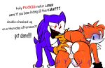  anthro anus butt butt_grab canid canine eulipotyphlan female fox fur genitals hair hand_on_butt hedgehog looking_back luther_(needlemouse) male male/female mammal nude open_mouth penis sarah_(needlemouse) simple_background solo text unknown_artist 