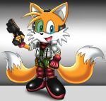  5_fingers anthro blue_eyes boots canid canine clothing cosplay crossover crossover_cosplay dipstick_tail fingerless_gloves fingers footwear fox fox_mccloud fur gloves gun handgun handwear jacket male mammal markings miles_prower nintendo open_mouth open_smile ranged_weapon sega simple_background smile solo sonic_the_hedgehog_(series) star_fox tail_markings tongue topwear video_games vixdojofox weapon white_body white_fur yellow_body yellow_fur 