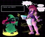  2021 anthro axe biped blush clothing deltarune dialogue diaper duo english_text female fur hair hat headgear headwear melee_weapon pacifier ralsei shirt speech_bubble standing susie_(deltarune) text text_box topwear tysuga undertale_(series) video_games weapon 