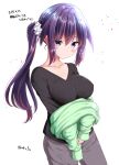  1girl bangs black_shirt blush breasts closed_mouth collarbone eyebrows_visible_through_hair green_sweater grey_pants hair_between_eyes hair_ornament hair_scrunchie highres large_breasts mokufuu original pants purple_eyes purple_hair scrunchie shirt side_ponytail sidelocks simple_background solo sweater translation_request twitter_username undressing white_background white_scrunchie 