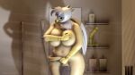  3d_(artwork) absurd_res animal_dildo animal_sex_toy avian bashful big_breasts blue_eyes breasts covering covering_self digital_media_(artwork) dildo equine_dildo fan_character ginger_feathershy gryphon hasbro hi_res looking_at_viewer my_little_pony mythological_avian mythology rorykenneigh sex_toy shadow shower showering solo tail_cover 