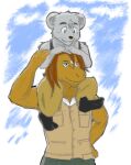  2011 anthro biped black_nose blue_eyes bottomwear brown_body carrying chuukichi_(morenatsu) clothing duo equid equine grey_body horse humanoid_hands kemono male mammal morenatsu murid murine pants piggyback rat rodent shirt topwear video_games visual_novel 昧吾 