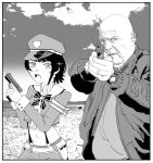  1boy 1girl absurdres bald breaking_bad greyscale gun hank_schrader hat highres holding holding_gun holding_weapon hololive jewelry midriff monochrome navel official_alternate_costume oozora_subaru outdoors police_hat ring short_hair virtual_youtuber watch weapon xyanaid 