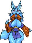  2022 :3 :d anthro big_breasts biped blue_body blue_breasts blue_ears blue_eyebrows blue_fur blue_hair blue_inner_ear_fluff blue_tail blush breasts canid canine cheek_tuft clothed clothing digital_media_(artwork) eyebrows facial_tuft female fur hair inner_ear_fluff kazuhiro kemono long_hair long_sleeves looking_at_viewer mammal monotone_body monotone_fur open_mouth open_smile portrait purple_eyes purple_sclera simple_background smile smiling_at_viewer solo three-quarter_portrait tuft white_background wide_sleeves 
