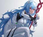  1girl absurdres ayanami_rei bangs blue_hair bodysuit breasts evangelion:_3.0+1.0_thrice_upon_a_time eyebrows_visible_through_hair gloves hair_between_eyes highres holding holding_polearm holding_weapon interface_headset lance_of_longinus long_hair looking_at_viewer neon_genesis_evangelion open_mouth plugsuit polearm rebuild_of_evangelion red_eyes rerendi simple_background solo teeth very_long_hair weapon white_bodysuit 