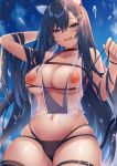 1girl absurdres animal_ears bangs bare_shoulders bikini black_bikini blue_eyes blue_shorts blue_sky blush breasts cat_ears cleavage collarbone highres large_breasts long_hair looking_at_viewer melonbooks nakatama_kyou navel open_mouth original short_shorts shorts sky smile solo swimsuit thighs wading wet 