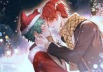  2boys black_jacket blush boku_no_hero_academia boticez burn_scar christmas closed_eyes coat commentary_request couple earrings english_commentary face-to-face freckles fur-trimmed_coat fur-trimmed_headwear fur_trim green_hair hands_on_another&#039;s_face hat highres imminent_kiss jacket jewelry long_sleeves male_focus midoriya_izuku mixed-language_commentary multiple_boys open_clothes open_jacket parted_lips red_coat red_hair red_headwear santa_costume santa_hat scar scar_on_face scarf short_hair snowflakes star_(symbol) thai_commentary todoroki_shouto tree white_hair yaoi yellow_scarf 