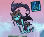  1girl :i armor bangs bare_shoulders barefoot black_hair closed_mouth clothing_request colored_sclera colored_skin covered_collarbone green_sclera green_skin jumping kalista league_of_legends long_hair looking_at_viewer no_pupils phantom_ix_row ponytail solo 
