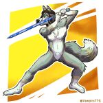  absurd_res athletic blue_eyes brown_hair canid canine canis claws dreadlocks fluffy fluffy_tail fur grey_body grey_fur guard_position hair hi_res magic_weapon male mammal melee_weapon pose solo sword vampirsttg weapon white_body white_fur wolf 