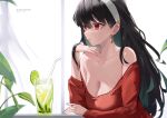  1girl bangs bare_shoulders black_hair breasts chinese_commentary cleavage closed_mouth collarbone commentary_request cup drinking_glass drinking_straw earrings elbow_rest english_text expressionless food from_side fruit gold_earrings hair_between_eyes hair_down hairband head_rest highres ice ice_cube jewelry large_breasts leaf lime_(fruit) lime_slice long_hair looking_ahead mixed-language_commentary mumu_mago off-shoulder_sweater off_shoulder parted_lips partial_commentary red_eyes revision sitting solo spy_x_family sweater table twitter_username upper_body white_hairband yor_briar 