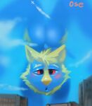  absurd_res anthro blonde_eyebrows blonde_hair blue_body blue_fur blush building butt cheek_tuft cloud eyebrows facial_tuft fur hair hi_res looking_at_viewer macro male oselotti red_eyes signature sky solo tuft yellow_body yellow_ears yellow_fur yellow_inner_ear yellow_nose 