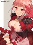  1girl alternate_costume arms_up blush boots breasts cleavage earrings fire_emblem fire_emblem:_three_houses fire_emblem_heroes gloves hair_bun haru_(nakajou-28) high_heels highres hilda_valentine_goneril hoop_earrings jewelry l large_breasts looking_at_viewer miniskirt pink_eyes pink_hair pink_lips seiza sitting skirt timeskip white_background 