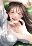  1girl :d blurry blurry_foreground brown_eyes brown_hair depth_of_field dress_shirt fangs fingernails grey_shirt half-closed_eyes happy highres jewelry laughing long_hair looking_at_viewer lying nail_polish necklace on_back on_grass original pink_nails shirt smile solo tsunko_(9v2_q) upper_body 